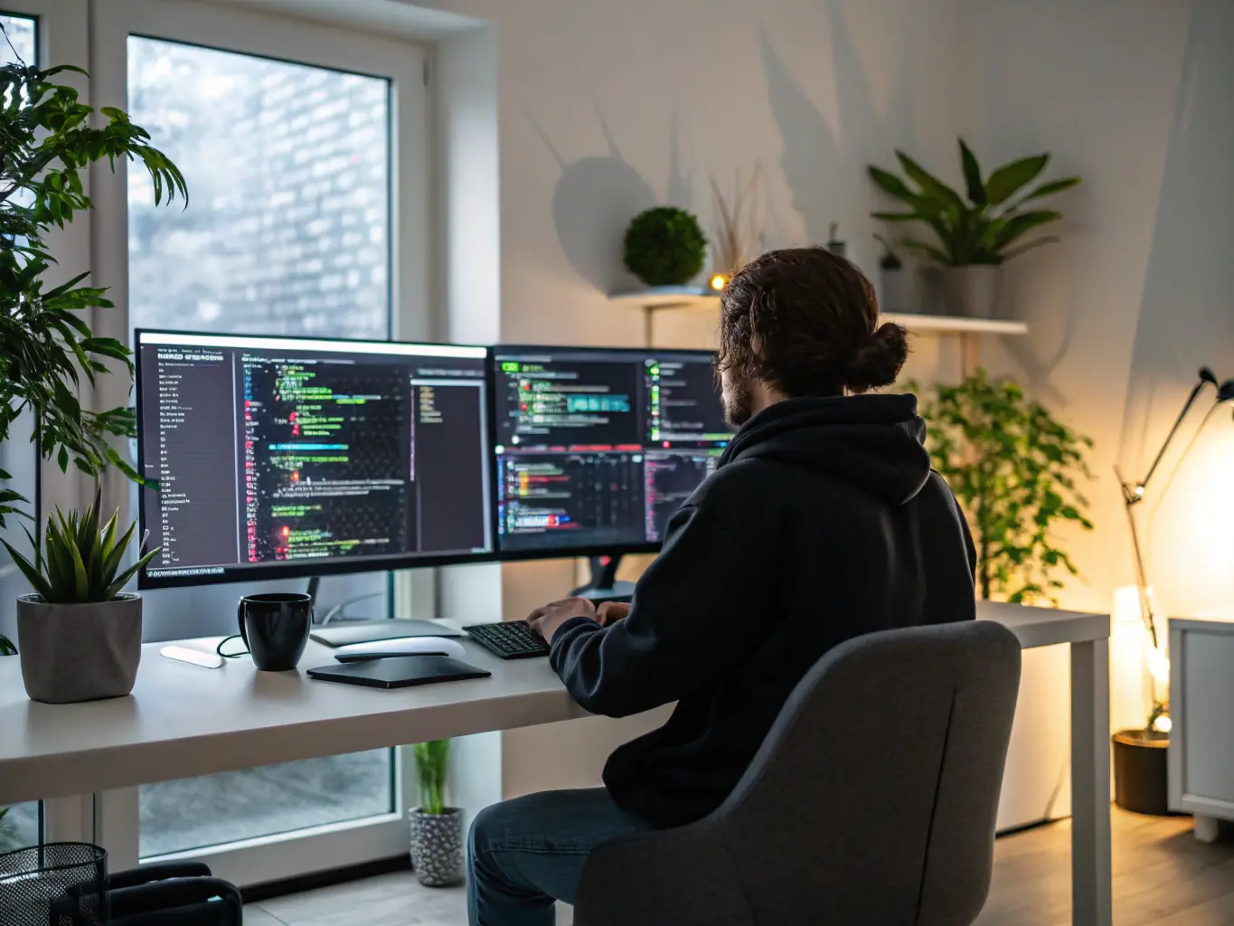 A developer working on a clean, well-organized code interface, with multiple screens showing different stages of web development.