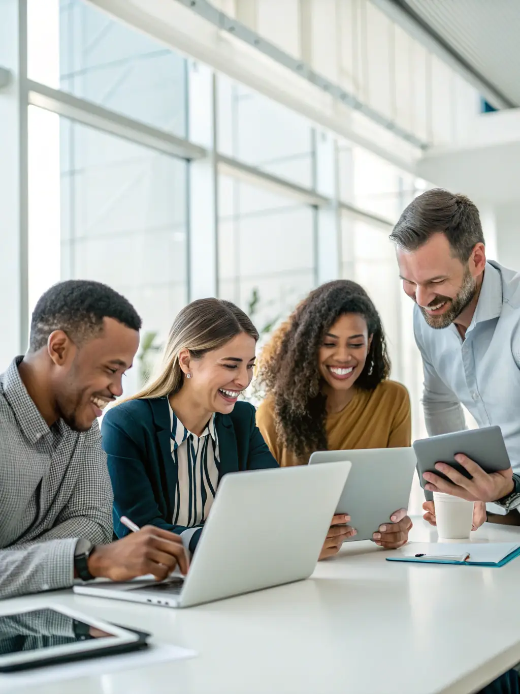 A professional photograph showcasing a team of ALIGNEX consultants collaborating on a digital brand strategy, with modern devices and a bright, airy office setting.