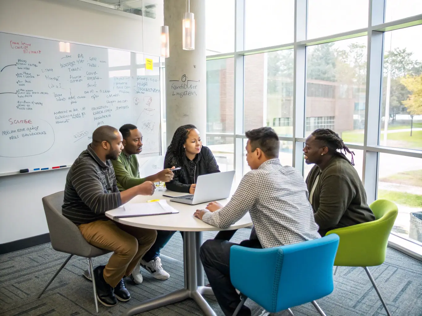 A diverse team of designers and developers collaborating in a modern office space, brainstorming ideas for a new website layout.