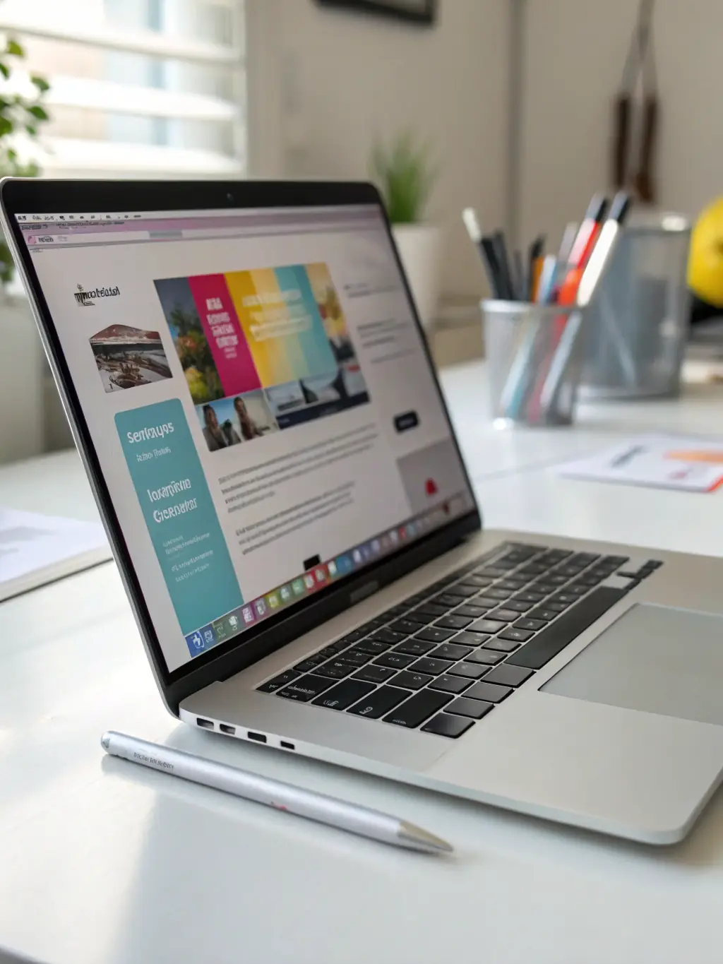 A visually appealing mockup of a light, premium website designed by ALIGNEX, displayed on a laptop screen with a clean and modern user interface.